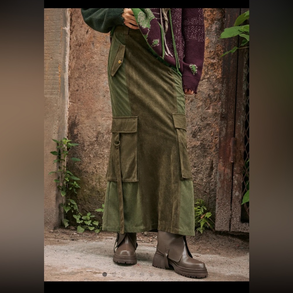 Cider Faux Leather High Waisted Solid Belted Cargo Maxi Skirt Green Size Medium